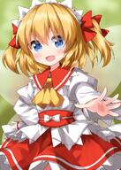1girl ascot blue_eyes blush fairy fairy_wings hair_between_eyes headdress highres juliet_sleeves lolibooru long_sleeves open_mouth orange_hair puffy_sleeves red_skirt ruu_(tksymkw) safe shirt short_hair skirt smile solo sunny_milk touhou touhou_project two_side_up upper_body white_shirt wings yellow_ascot // 1000x1400 // 1.0MB