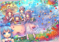 +_+ 5_females 5_girls 5girls >d ^_^ ahoge bangs bat_wings birthday_cake birthday_party blue_eyes blue_hair bodily_fluids bonnet book bow braid brown_eyes building cake capelet chair cirno clenched_hands closed_eyes cloud coat cookie_(cookies) crescent cupcake d day dress drooling eyes_closed female fence floating flower flower_(flowers) food footwear fork garden girl grey_hair hair_bow hair_bun hair_ribbon hand_holding happy hat hat_ornament hat_ribbon head_wings headdress holding holding_book holding_fork holding_knife holding_object ice ice_wings indian_style ironwork izayoi_sakuya juliet_sleeves knife koakuma light_rays long_hair long_sleeves macaron maid maid_headdress mansion mature mob_cap multiple_females multiple_girls necktie no_socks o open_clothes open_coat open_mouth outdoors outside parasol party patchouli_knowledge petals pink_footwear pink_shoes pinky_out pjrmhm_coa puffy_short_sleeves puffy_sleeves purple_dress purple_eyes purple_hair rainbow red_eyes red_flower red_hair red_necktie red_neckwear red_rose remilia_scarlet ribbon rose rose_(roses) safe saliva scarlet_devil_mansion shirt shoes short_hair short_sleeves sidelocks silver_hair sitting sky smile striped striped_dress sunbeam sunlight sweets symbol-shaped_pupils table touhou tress_ribbon twin_braids umbrella v-shaped_eyebrows vertical_stripes vest white_shirt wing_collar wings // 1000x706 // 193.3KB