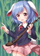 1girl animal_ears bamboo bamboo_forest bangs blue_hair blue_jacket blurry blurry_background blush breasts brown_eyes buttons collared_jacket collared_shirt eyebrows_visible_through_hair eyes_visible_through_hair forest gun hair_between_eyes hands_up highres jacket leaf long_sleeves looking_at_viewer medium_breasts miniskirt nature necktie one-hour_drawing_challenge open_mouth pink_skirt pointing rabbit_ears rabbit_tail red_necktie reisen_(touhou_bougetsushou) ruu_(tksymkw) shirt short_hair skirt smile solo standing tail tongue touhou weapon white_shirt // 1000x1400 // 1021.4KB