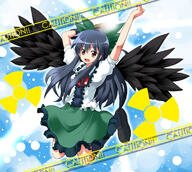 1_female arm_cannon arms_up black_hair black_wings blue_hair bow caution dress female girl hair_bow jumping long_hair open_mouth radiation_symbol red_eyes reiuji_utsuho ruu_(tksymkw) safe single solo touhou weapon wings // 1175x1050 // 679.2KB