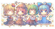 3 4_females 4_girls 4girls >_< ahoge antennae barefoot blonde_hair blue_eyes blue_hair blush bow cape chibi cirno closed_eyes deformed dress eyes_closed female girl green_hair hair_bow hand_on_hip hat ice ice_wings multiple_females multiple_girls musical_note mystia_lorelei one_eye_closed open_mouth pink_eyes pink_hair pjrmhm_coa red_eyes red_hair rumia safe short_hair spread_arms team_9 touhou wide_image wings wink wriggle_nightbug // 1000x528 // 115.9KB