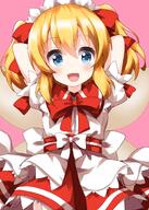 1girl arms_up bangs belt blonde_hair blue_eyes bow bowtie dress eyebrows_visible_through_hair fairy_wings hair_between_eyes hair_bow hands_up highres lolibooru looking_at_viewer open_mouth pink_background puffy_short_sleeves puffy_sleeves red_belt red_bow red_neckwear ruu_(tksymkw) safe short_hair short_sleeves short_twin_tails short_twintails simple_background smile solo sunny_milk touhou touhou_project twin_tails twintails white_bow white_dress white_headwear white_sleeves wings // 1000x1400 // 877.3KB