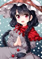 1_female 1girl ajirogasa anime-pictures.net black_hair blush braid braid_(braids) capelet d dress female girl grey_dress hands_clasped hands_together hat high_resolution long_hair long_sleeves looking_at_viewer open_mouth own_hands_together palms_together pink_eyes pov red_capelet red_eyes ruu_(tksymkw) safe single smile snow snowing solo tall_image touhou twin_braids yatadera_narumi // 1000x1400 // 980.1KB