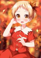 1girl aki_shizuha alternate_hairstyle blonde_hair blush buttons collarbone hair_ornament highres leaf_hair_ornament open_mouth red_skirt red_vest ruu_(tksymkw) short_hair short_sleeves skirt smile solo touhou upper_body vest yellow_eyes // 1000x1400 // 887.0KB