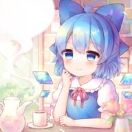 1girl ahoge bangs blouse blue_bow blue_dress blue_eyes blue_hair blurry blush bow bowtie bug bush butterfly butterfly_wings cirno closed_mouth coffee collared_shirt commentary_request cup dress drink eyebrows_visible_through_hair eyelashes eyes_visible_through_hair fairy flower frills green_background hair_between_eyes hand_on_own_face hand_up ice ice_wings insect jar kettle leaf lolibooru looking_to_the_side orange_flower picture_(object) pink_bow pink_bowtie pink_flower pjrmhm_coa plate puffy_short_sleeves puffy_sleeves safe shadow shirt short_hair short_sleeves sitting smile solo steam sunlight table touhou touhou_project tree tulip wall white_shirt wings yellow_flower // 999x999 // 969.2KB