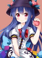 1girl bangs black_headwear blue_hair bow bowtie brown_background buttons closed_mouth collared_shirt eyebrows_visible_through_hair food fruit highres hinanawi_tenshi holding holding_food holding_fruit leaf lolibooru long_hair looking_at_viewer peach puffy_short_sleeves puffy_sleeves rainbow_order red_bow red_eyes red_neckwear ruu_(tksymkw) safe shirt short_sleeves simple_background smile solo touhou touhou_project upper_body // 1000x1400 // 880.4KB