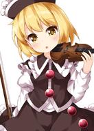 1girl bangs black_headwear black_skirt black_vest blonde_hair bow_(instrument) buttons collarbone eyebrows_visible_through_hair female frilled_hat frills hat highres holding holding_instrument instrument lolibooru long_sleeves looking_at_viewer lunasa_prismriver medium_hair open_mouth ruu_(tksymkw) safe shirt short_hair simple_background skirt smile solo standing touhou touhou_project vest violin white_background white_shirt yellow_eyes // 1000x1400 // 722.2KB