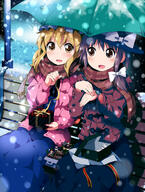 2_females 2_girls 2girls bench black_hat black_headwear blonde_hair blue_dress blue_outfit blush bow box brown_eyes brown_hair brown_neckwear cake christmas coat d dress duo female food gift girl hair_bow hat high_resolution highres jacket long_sleeves looking_at_viewer maribel_hearn mature multiple_females multiple_girls open_mouth outdoors outside ribbon ruu_(tksymkw) safe scarf shared_scarf shared_umbrella short_hair sitting sitting_on_bench smile snow snowflake_(snowflakes) snowing tall_image touhou tsurukou umbrella unwrapping usami_renko watch white_ribbon winter winter_clothes yellow_eyes // 1000x1321 // 1.3MB