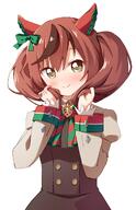 1girl bangs blush bow bowtie bright_pupils brown_dress brown_hair closed_mouth collared_dress cowboy_shot diagonal-striped_bow dress ear_covers eyebrows_visible_through_hair eyes_visible_through_hair general green_bow green_bowtie hair_between_eyes hair_bow hair_ornament hands_in_hair haru_(konomi_150) highres horse_girl juliet_sleeves konomi_150 long_hair long_sleeves looking_at_viewer multicolored_bowtie multicolored_hair nice_nature_(umamusume) puffy_sleeves red_bow red_bowtie simple_background smile solo standing straight_hair tsurime twintails two-tone_hair umamusume white_background yellow_eyes // 1016x1568 // 639.1KB