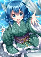 1girl animal_ears blue_hair drill_locks frilled_kimono frills green_kimono head_fins highres japanese_clothes kimono mermaid monster_girl one-hour_drawing_challenge purple_sash ruu_(tksymkw) sash solo touhou wakasagihime wolf_ears // 1000x1400 // 1.3MB