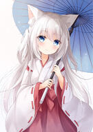 1girl animal_ear_fluff animal_ears bangs blue_eyes blush closed_mouth commission eyebrows_visible_through_hair fox_ears highres japanese_clothes kata_rosu long_hair looking_at_viewer original simple_background skeb_commission smile solo umbrella white_hair // 1158x1637 // 1.2MB