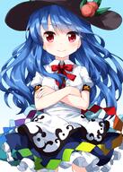 1girl bangs black_headwear blue_background blue_hair blue_skirt bow bowtie buttons center_frills closed_mouth collared_shirt cowboy_shot crossed_arms eyebrows eyebrows_visible_through_hair female food frilled_skirt frills fruit gradient gradient_background highres hinanawi_tenshi leaf lolibooru long_hair looking_at_viewer peach rainbow_order red_bow red_eyes red_neckwear ruu_(tksymkw) safe shirt short_sleeves skirt smile solo standing touhou touhou_project v-shaped_eyebrows white_shirt // 1000x1400 // 1.0MB