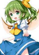 1girl ascot bangs blue_dress blue_vest clothes_lift collared_shirt cowboy_shot daiyousei dress eyebrows eyebrows_visible_through_hair fairy_wings female green_eyes green_hair hair_ribbon highres lolibooru looking_away medium_hair open_mouth puffy_sleeves ribbon ruu_(tksymkw) safe shirt side_ponytail simple_background skirt skirt_lift smile solo standing touhou touhou_project vest white_background white_shirt wings yellow_ascot yellow_neckwear yellow_ribbon yellow_wings // 1000x1400 // 749.9KB