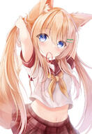 1girl animal_ear_fluff animal_ears arms_up bangs blonde_hair blue_eyes crop_top eyes_visible_through_hair fox_ears fox_girl fox_tail hair_between_eyes hair_ornament hair_over_shoulder hairclip highres kata_rosu long_hair looking_at_viewer miniskirt mouth_hold navel neckerchief original plaid plaid_skirt pleated_skirt red_sailor_collar red_skirt sailor_collar school_uniform serafuku shirt short_sleeves simple_background skirt solo tail tail_raised twintails upper_body very_long_hair white_background white_serafuku white_shirt yellow_neckerchief // 1058x1537 // 1.0MB