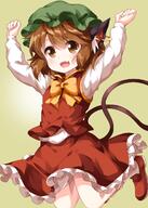 1_female 1girl animal_ear_fluff animal_ears animal_tail arms_up blush bonnet bow bowtie brown_eyes brown_hair cat_ears cat_tail chen commentary d danbooru danbooru-safebooru ears eyes_visible_through_hair fang fang_(fangs) female footwear frilled_skirt frills gelbooru girl happy hat high_resolution highres jewelry jumping long_sleeves looking_at_viewer mature mob_cap multiple_tails open_mouth pov red_footwear red_skirt red_vest ruu_(tksymkw) safe safebooru sankaku_channel shirt shoes short_hair simple_background single single_earring skirt skirt_set smile solo tail tall_image touhou tsurukou two_tails vest white_shirt yellow_background yellow_neckwear // 1000x1400 // 778.1KB