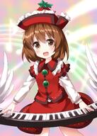 1girl bangs brown_eyes brown_hair collared_vest comet commentary_request d eighth_note eyebrows_visible_through_hair frilled_hat frills hair_between_eyes hat highres instrument keyboard_(instrument) lolibooru long_sleeves looking_at_viewer lyrica_prismriver music musical_note open_mouth outdoors playing_instrument rainbow red_headwear red_skirt red_vest ruu_(tksymkw) safe shirt short_hair skirt skirt_set sky smile solo standing star_(symbol) touhou touhou_project vest white_shirt wings // 1000x1400 // 908.6KB
