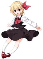 1_female ahoge ascot blonde_hair blush bow dutch_angle female fringe full_body girl hair_between_eyes hair_bow hair_ornament hair_ribbon happy high_resolution highres long_sleeves looking_away mature necktie open_mouth outstretched_arms red_eyes ribbon rumia ruu_(tksymkw) safe shirt short_hair simple_background single skirt skirt_set smile socks solo spinning spread_arms tall_image touhou tsurukou vest white_background white_socks // 1090x1500 // 360.1KB