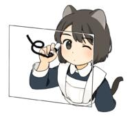 1girl akai_sashimi animal_ears apron bangs black_eyes black_hair black_tail bob_cut cat_ears cat_girl cat_tail closed_mouth commentary_request cropped_torso dot_mouth dot_nose drawing eyebrows_visible_through_hair general hand_up holding holding_marker long_sleeves maid_apron marker one_eye_closed original short_hair simple_background solo swept_bangs tail transparent white_apron white_background wing_collar // 996x900 // 231.3KB