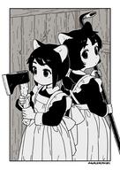 2girls akai_sashimi animal_ears apron artist_name axe border crowbar eyebrows_hidden_by_hair frilled_apron frills general greyscale holding holding_axe holding_weapon long_sleeves looking_back maid monochrome multiple_girls original outside_border short_hair weapon white_border wing_collar // 710x1000 // 113.0KB