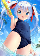 1 1girl absurdres bangs bare_shoulders blue_eyes blue_hair blue_one-piece_swimsuit blush breasts cameltoe copyright_request covered_erect_nipples covered_navel digitan fang female_focus from_below hair_ribbon highres loli long_hair looking_at_viewer nekomimimix old_school_swimsuit one-piece_swimsuit open_mouth outdoors questionable red_ribbon ribbon school_swimsuit skin_fang small_breasts smile solo standing swimsuit twintails very_long_hair water_gun かーる でじたん スク水 ロリ 女の子 旧スク // 2350x3235 // 964.9KB