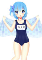 1_female 1girl absurd_resolution absurdres alternate_hairstyle bad_id bad_pixiv_id blue_eyes blue_hair blush cirno female girl high_resolution highres holding matching_haireyes morinaoekaki name_tag o one-piece_swimsuit ponytail safe school_swimsuit short_hair side_ponytail simple_background single solo surprised swimsuit swimwear tall_image tied_hair touhou towel white_background // 2000x2828 // 377.8KB