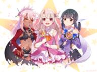 3girls absurdres armor ascot bangs bare_shoulders black_hair black_panties blush breastplate breasts bridal_gauntlets brown_eyes brown_skin cape chloe_von_einzbern commentary_request dark-skinned_female dark_skin detached_sleeves dress elbow_gloves fatekaleid_liner_prisma_illya fate_(series) fate_kaleid_liner_prisma_illya feather_hair_ornament feathers female gloves grin hair_between_eyes hair_bun hair_ornament hairclip hairpin half_updo high_resolution highres illyasviel_von_einzbern kachin large_filesize layered_gloves leotard lolibooru long_hair long_sleeves looking_at_viewer magical_girl magical_ruby magical_sapphire miyu_edelfelt multiple_girls navel open_mouth orange_eyes panties pink_dress pink_gloves pink_hair prisma_illya purple_leotard purple_sleeves questionable red_cape red_eyes safe sensitive shrug_(clothing) sidelocks skirt small_breasts smile stomach_tattoo tattoo thighs tied_hair twin_tails twintails two_side_up underwear very_high_resolution waist_cape wand white_cape white_gloves white_hair white_skirt // 3592x2651 // 5.6MB
