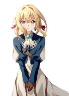 1girl ascot bangs blonde_hair blue_dress blue_eyes blunt_bangs blunt_ends blush bow bright_pupils brooch brown_dress brown_gloves closed_mouth clothing dress eyebrows_visible_through_hair eyes_visible_through_hair feet_out_of_frame female gloves hair_bow hair_intakes hair_ornament haru_(konomi_150) high_resolution jewelry juliet_sleeves konomi_150 long_hair long_sleeves looking_at_viewer multicolored_clothes multicolored_dress puffy_sleeves red_bow ribbed_dress s sankaku simple_background smile solo standing straight_hair violet_evergarden violet_evergarden_(series) white_ascot white_background white_dress // 1162x1625 // 639.1KB