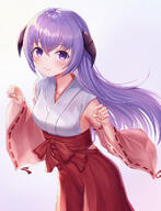 1girl anime-pictures.net bangs bare_shoulders blush breasts closed_mouth clothes commentary commentary_request curled_horns detached_sleeves eyebrows eyebrows_visible_through_hair fanart fanart_from_pixiv female fringe furude_hanyuu general girl grey_background hair_between_eyes hakama hanyuu high_resolution highres higurashi_no_naku_koro_ni horn_(horns) horns japanese japanese_clothes kimono long_hair long_sleeves looking_at_viewer miko pink_sleeves pixiv pixiv_id_8321385 purple_eyes purple_hair red_hakama ribbon-trimmed_sleeves ribbon_trim s safe sankaku sankaku_channel seungju_lee shotz simple_background single sleeveless sleeveless_kimono small_breasts smile solo studio_deen tall_image traditional_clothes upper_body very_long_hair wafuku white_kimono wide_sleeves // 999x1303 // 615.0KB