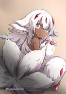 1girl animal_ear_fluff animal_ears body_fur brown_background brown_eyes claws dark-skinned_female dark_skin extra_arms faputa highres komakiyu1212 made_in_abyss monster_girl multiple_tails open_mouth sensitive short_hair simple_background solo tail twitter_username white_fur white_hair yellow_eyes // 1240x1754 // 1.2MB