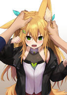 1boy 1girl alcatraz1331 anger_vein animal_ear_fluff animal_ears awwnime bangs bare_shoulders black_jacket blonde_hair blush clenched_hands clothing_request commentary_request cowboy_shot doesn't_want_to_be_petted_[original] eyebrows_visible_through_hair fang fox_ears fox_tail gelbooru gradient gradient_background green_eyes grey_background hair_between_eyes hair_ornament hands_on_another's_head hands_up highres jacket kitsunemimi kokonoe_tsubaki long_hair looking_at_viewer open_mouth original pov red_skirt safe sensitive skirt tail tybayosizawa yoshizawa_tsubaki // 1003x1416 // 841.3KB
