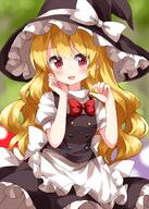 100th_black_market 1girl apron back_bow bangs black_dress black_headwear blonde_hair blurry blurry_background blush bow bowtie breasts buttons commentary dress eyes_visible_through_hair food frills general hair_between_eyes hand_on_own_face hands_up hat hat_bow highres kirisame_marisa leaf lolibooru long_hair looking_to_the_side medium_breasts mushroom one-hour_drawing_challenge open_mouth puffy_short_sleeves puffy_sleeves red_bow red_bowtie red_eyes ruu_(tksymkw) safe shirt short_sleeves smile solo standing touhou touhou_project tree white_apron white_bow white_shirt witch_hat // 1000x1400 // 213.9KB