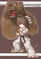 1girl ahoge animal_ears bangs barefoot bear bear_girl bell belt black_belt brown_background brown_bag brown_hair chinese_commentary commentary dated dougi floating_rock hair_bell hair_between_eyes hair_ornament hand_up highres karate_gi kuma-bound looking_at_viewer open_mouth original pouch red_eyes rock short_sleeves short_twintails solo toes twintails // 1616x2316 // 3.8MB