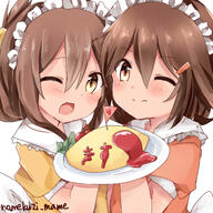 10s 2_females 2girls 3 absurd_resolution absurdres alternate_costume artist_name brown_eyes brown_hair commentary_request fang fangs female folded_ponytail food hair_between_eyes hair_clip hair_ornament hair_tie hairclip high_resolution highres holding holding_plate ikazuchi_(kancolle) ikazuchi_(kantai_collection) inazuma_(kancolle) inazuma_(kantai_collection) kantai_collection looking_at_viewer maid maid_headdress mature multiple_females multiple_girls namekuji_(namekuzu) namekuzi_mame omelet omurice one_eye_closed open_mouth pixiv_50600617 pixiv_8741514 plate ponytail pov safe short_hair smile tied_hair なめくじ ブラックサンダー 暁 暁型第六駆逐隊マジ天使 第六メイド隊！ 第六駆逐隊 衣装チェンジ私服艦娘メイド服 雷 電 響 // 2400x2400 // 402.0KB