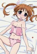 1girl 2000s_(style) bangs bed_sheet bow bow_panties brown_hair camisole closed_mouth commentary_request condom condom_in_mouth condom_wrapper crotch_seam eyebrows_visible_through_hair hair_ribbon head_tilt knee_up lace lace-trimmed_panties lace_trim loli lolibooru looking_at_viewer lying lyrical_nanoha mahou_shoujo_lyrical_nanoha miyajima_hitoshi mouth_hold navel on_back on_bed panties pantsu pink_panties pink_pantsu pink_ribbon pink_shirt purple_eyes questionable raising_heart ribbon shirt short_hair smile solo strap_slip takamachi_nanoha twin_tails twintails underwear underwear_only // 475x700 // 68.2KB