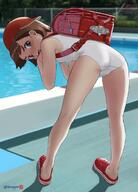 1girl ass backpack bag bare_arms bare_legs bare_shoulders bent_over blush breasts brown_eyes brown_hair child commentary_request crocs female from_behind full_body hat high_resolution highres kneepits legs little_girl lolibooru looking_at_viewer looking_back mu-pyon muupyon one-piece_swimsuit open_mouth original outdoors pictures pixiv_17848 pool randosel randoseru red_footwear s safe sankaku sankaku_channel shoes short_hair small_breasts solo swimsuit swimwear twitter_username unknown untitled useless_tags white_swimsuit むーぴょん クリスマス クリスマスコスだと言張る_日焼け無し差分 サンタコス ランドセル 白スク 貧乳 // 962x1339 // 584.8KB