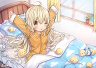 1_female 1girl ;o ahoge alarm_clock animal avian bangs bed bird blonde_hair blush bodily_fluids breasts brown_eyes chick clock collared_shirt commentary_request curtains eyebrows eyebrows_visible_through_hair female frilled_pillow frills hair_between_eyes high_resolution indoors kohaku_muro loli long_hair long_sleeves looking_at_viewer mature nightwear on_bed one_eye_closed orange_pajamas orange_pants orange_shirt original pajamas parted_lips pillow polka_dot polka_dot_pants polka_dot_shirt pov safe shirt signature signed sleeves_past_wrists small_breasts solo stretch tears under_covers very_long_hair waking_up window wink // 2093x1480 // 3.4MB