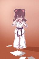 1girl absurdres animal_ears barefoot bear_girl bell belt black_belt blush brown_hair child chinese_commentary clenched_hands commentary_request crying dougi female_child hair_bell hair_between_eyes hair_ornament half-closed_eyes hands_up highres karate karate_gi kuma-bound lolibooru nose_blush open_mouth orange_background original pants paper red_eyes safe short_sleeves short_twin_tails short_twintails solo standing toes twin_tails twintails white_pants // 2000x3000 // 9.3MB