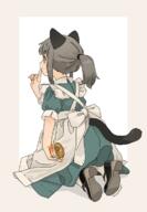 1girl akai_sashimi animal_ears apron artist_name bangs black_footwear border brown_eyes brown_hair can canned_food cat_ears cat_girl cat_tail closed_mouth clothing_cutout commentary_request dress finger_to_mouth frilled_apron frills from_behind full_body general green_dress hand_up high_heels highres holding holding_can kneeling leaning_forward looking_away mary_janes medium_hair original outside_border partial_commentary ponytail puffy_short_sleeves puffy_sleeves shoes short_sleeves sidelocks solo tail tail_through_clothes tin_can white_apron white_background // 829x1200 // 335.4KB