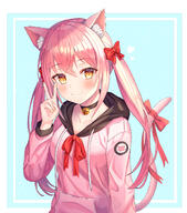 1_female 1girl animal_ear_fluff animal_ears animal_tail bangs bell black_choker blue_background blush bow brown_eyes cat_ears cat_girl cat_tail catgirl catperson choker closed_mouth collarbone commentary_request drawstring ears eyebrows eyebrows_visible_through_hair fang fang_out fangs fangs_out female funii hair_between_eyes hair_bow hand_up heart highres hood hood_down hoodie jingle_bell long_hair long_sleeves looking_at_viewer original pink_hair pink_hoodie pov red_bow smile solo tail tail_bow tail_raised tied_hair twintails two-tone_background upper_body v very_long_hair white_background yellow_eyes // 1200x1364 // 1.0MB