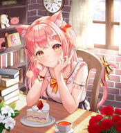 1_female 3 animal_ear_fluff animal_ears animal_tail anime-pictures.net arm_garter arm_support bare_shoulders berry_(berries) blurry blurry_foreground blush book book_(books) bookshelf bow bracelet breasts brick_wall brown_eyes cake cat_ears cat_girl cat_tail catgirl catperson chair clock closed_mouth collarbone commentary_request cup curtains day depth_of_field ears fang_(fangs) fangs fangs_out female flower flower_(flowers) food fork fringe funii garter_(garters) girl hair_bow hairband hands_up head_rest head_tilt high_resolution highres holding holding_fork indoors long_hair looking_at_viewer original photo_(object) pink_hair plate red_bow red_flower ribbon_(ribbons) roman_numerals saucer shelf shirt single sitting sleeveless sleeveless_shirt slice_of_cake slit_pupils smile solo strawberry sunlight sweets table tail tail_bow tail_raised tail_ribbon tall_image tea teacup two_side_up wall_clock white_flower white_shirt window yellow_bow // 1819x2000 // 4.3MB