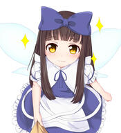 1_female 1girl 3 apron blue_dress bow brown_eyes brown_hair commentary_request danbooru dress fairy fairy_wings female from_above hair_bow hair_ornament long_hair looking_up mature mythical p.w. point_of_view pov ribbon safe sensitive shirt_tug smile solo sparkle star_sapphire touhou viewed_from_above waist_apron wings // 900x985 // 505.8KB