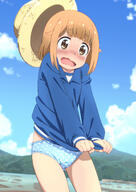 1_female 1girl ass ass_visible_through_thighs blue_panties blush bodily_fluids brown_eyes brown_hair camel_toe cameltoe clothes_removed collarbone commentary_request eyebrows eyebrows_visible_through_hair female hat high_resolution highres houkago_teibou_nisshi jacket looking_at_viewer miyajima_hitoshi no_pants open_mouth outdoors outside panties pants pants_removed point_of_view polka_dot polka_dot_panties questionable shiny shiny_hair short_hair sky solo straw_hat tears thighs tsurugi_hina underwear wavy_mouth // 1062x1500 // 834.5KB