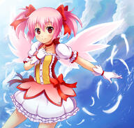 10s 1_female 1girl commentary_request female gloves kaname_madoka mahou_shoujo_madoka_magica mushuu pink_hair red_eyes safe short_hair short_twintails solo tied_hair twintails wings // 800x767 // 484.9KB