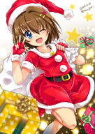 1girl ;d bangs black_legwear blurry blurry_foreground boots brown_hair christmas commentary_request dated depth_of_field dress eyebrows_visible_through_hair fingerless_gloves fur-trimmed_dress fur_trim gift gloves hair_ornament hairclip hat highres leg_up looking_at_viewer lyrical_nanoha mahou_shoujo_lyrical_nanoha mahou_shoujo_lyrical_nanoha_a's no_legwear one_eye_closed open_mouth pantyhose red_dress red_footwear red_gloves red_headwear safe san-pon santa_boots santa_dress santa_gloves santa_hat short_dress short_hair short_sleeves smile solo sparkle standing standing_on_one_leg star_(symbol) textless textless_version twitter_username w waving x_hair_ornament yagami_hayate // 848x1200 // 905.4KB