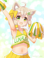 1girl absurdres ahoge animal_ear_fluff animal_ears arm_up armpits artist_name bangs bare_shoulders blue_background blush bow brown_hair cat_ears cat_girl cheerleader clothes_writing collarbone crop_top female_focus fish_hair_ornament flat_chest green_eyes hair_bow hair_ornament hairclip hand_up happy hazakura_hinata heterochromia highres holding holding_pom_poms looking_at_viewer midriff miniskirt navel open_mouth original outline pleated_skirt pom_pom_(cheerleading) pom_poms sensitive shiny shiny_hair shirt short_hair sidelocks signature skirt sleeveless sleeveless_shirt smile solo standing stomach upper_body white_outline yellow_bow yellow_eyes yellow_shirt yellow_skirt // 1800x2402 // 3.1MB