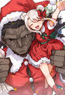 0wsaa0 1boy 1girl ^_^ absurdres arm_up berserker blush boots bow brown_skin christmas christmas_outfit closed_eyes closed_mouth d dark-skinned_male dark_skin dark_skinned_male double_bun dress eyes_closed fatestay_night fate_(series) fate_stay_night female fur-trimmed_dress fur-trimmed_sleeves fur_collar fur_trim general giant giant_male hair_bow hair_bun hair_ornament hat heracles_(fate) heterochromia highres illyasviel_von_einzbern lolibooru looking_at_viewer male one_arm_up open-mouth_smile open_mouth plaid plaid_dress plaid_footwear questionable red_dress red_footwear safe sankaku_channel santa_costume santa_hat sensitive shirt short_sleeves sidelocks silver_hair sitting_on_shoulder size_difference smile taut_clothes taut_shirt wasa_(wanosabi) // 1700x2500 // 2.8MB