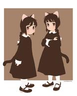 2girls akai_sashimi animal_ears arms_at_sides bangs black_dress black_footwear black_hair blush bow braid brown_background cat_ears cat_tail collared_dress crossed_arms dress full_body grey_eyes hair_bow long_hair long_sleeves looking_at_viewer mary_janes multiple_girls no_mouth original pantyhose safe shoes simple_background sleeve_cuffs standing tail white_bow white_legwear // 807x1000 // 46.5KB