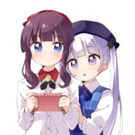 11_aspect_ratio 2girls bangs beret black_hair blue_eyes blunt_bangs blush commentary_request female female_focus general handheld_game_console haru_(konomi_150) hat holding holding_handheld_game_console konomi_150 long_hair long_sleeves looking_at_viewer multiple_girls new_game! newgame! open_mouth ponytail purple_eyes purple_hair s sankaku shirt sidelocks simple_background suzukaze_aoba takimoto_hifumi tied_hair twintails upper_body very_long_hair white_background white_shirt はる🌸 ふたり。 涼風青葉 滝本ひふみ // 1000x1000 // 799.1KB