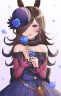 1girl animal_ears asymmetrical_bangs asymmetrical_hair bangs bare_shoulders blue_dress blue_flower blue_headwear blue_rose blush breasts brown_hair collar_(clothes) commentary_request crying crying_with_eyes_open d dagger dress eye_showing eyebrows_visible_through_hair fanart fanart_from_pixiv female flower fur fur_collar fur_trim gradient gradient_background hair_over_one_eye hands_up hat hat_flower high_resolution highres holding holding_flower horse_ears kemonomimi long_hair long_sleeves looking_at_viewer off-shoulder_dress off_shoulder one one_eye_covered open-mouth_smile open_mouth peek-a-boo_bang petal petals pixiv pixiv_id_8321385 purple_background purple_eyes rice_shower rice_shower_(uma_musume) rice_shower_(umamusume) rose rose_(flower) rose_petals s safe sankaku seungju_lee shotz side_bangs sleeves_past_wrists small_breasts smile solo tears tilted_headwear uma_musume_-_pretty_derby umamimi umamusume violet_eyes weapon weapons white_background wide_sleeves // 999x1554 // 1.0MB