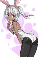 1_female 1girl animal_ears animal_tail ass black_legwear blush bunny_ears bunny_girl bunny_suit bunny_tail bunnysuit commentary dark_skin dark_skinned_female ears eyebrows eyebrows_visible_through_hair female flying_sweatdrops freckles grey_hair hair_tie hand_up light_blush looking_at_viewer looking_back mature original pantyhose pixiv_59981917 playboy_bunny pov purple_background rabbit_girl safe saiste silver_hair simple_background solo tail tan tanned tearing_up tied_hair twintails white_background wrist_cuffs うさ // 707x1000 // 429.6KB